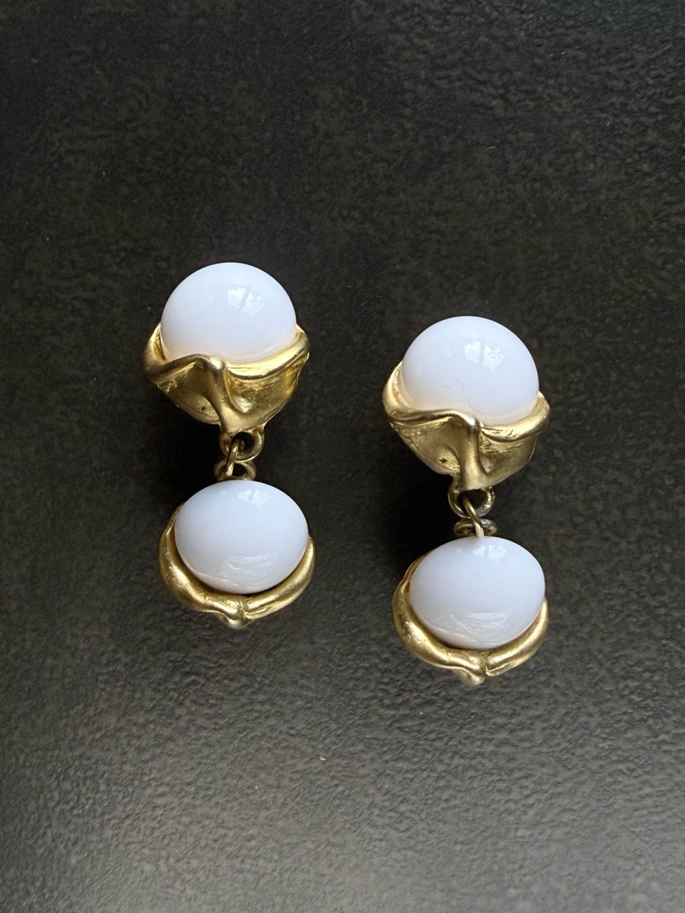 Vintage Gold and White Double Drop Earrings - Clip- Ons